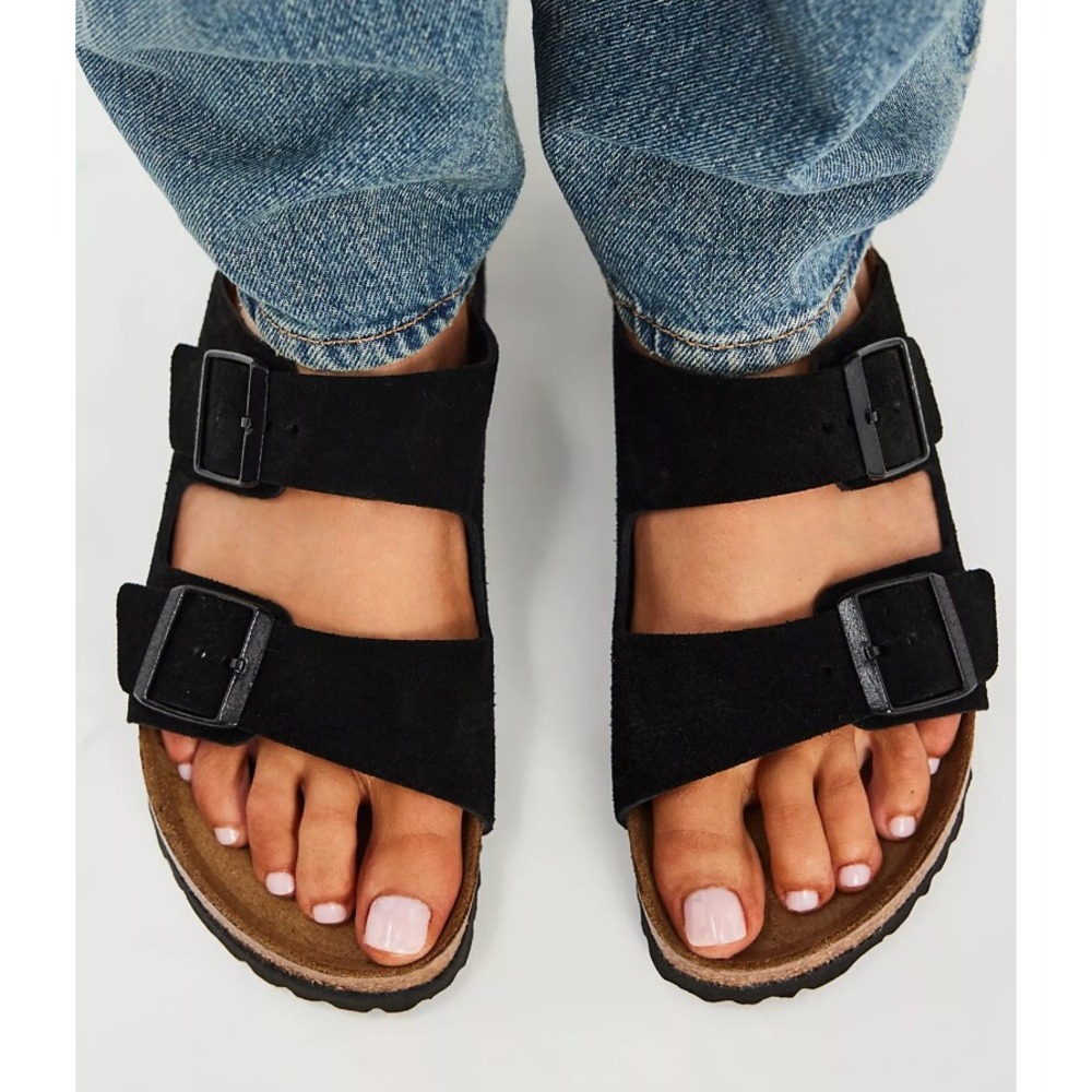 Birkenstock Arizona Suede‎ Two Strap Cork Footbed Sandals in Black sz 40